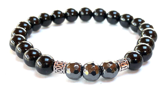 Black Tourmaline & Hematite Beads Stretch Bracelet – Birthstone for October, Sun Sign Scorpio & Libra, Root & Solar Plexus Chakra