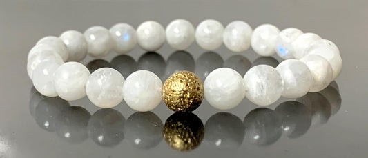 Moonstone And Lava Stretch Bracelet - Cancer Birthstone - Sacral & Crown Chakra Jewelry