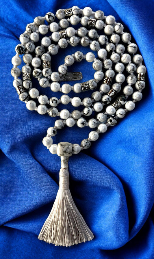Hand Knotted White Howlite Mala Necklace (8mm 108 Beads, Zinc Alloy Spacers) - Gemini Birthstone, Zodiac Sign, and Throat Chakra