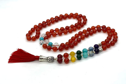 Energized 7 Chakra mala Hand Knotted 108 mala beads necklaces - Japa mala - Buddhist prayer beads - Meditation beads - Healing crystals for men women (Carnelian 1st chakra Root Chakra Mala)