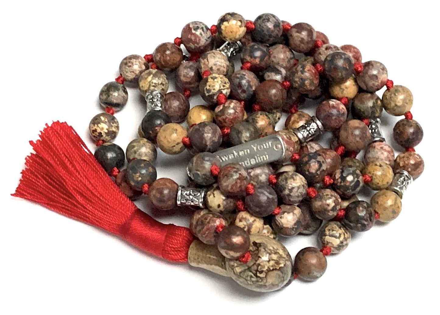 Find Strength & Stability: Hand-Knotted Leopard Skin Jasper Mala Necklace (8mm) - Virgo Birthstone & Root Chakra Balance