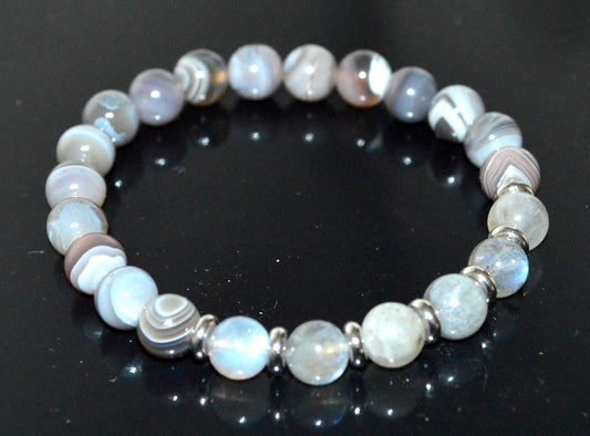 Botswana Agate & Labradorite Stretch Bracelet - Gemini & Pisces Birthstone - Root & Third Eye Chakra