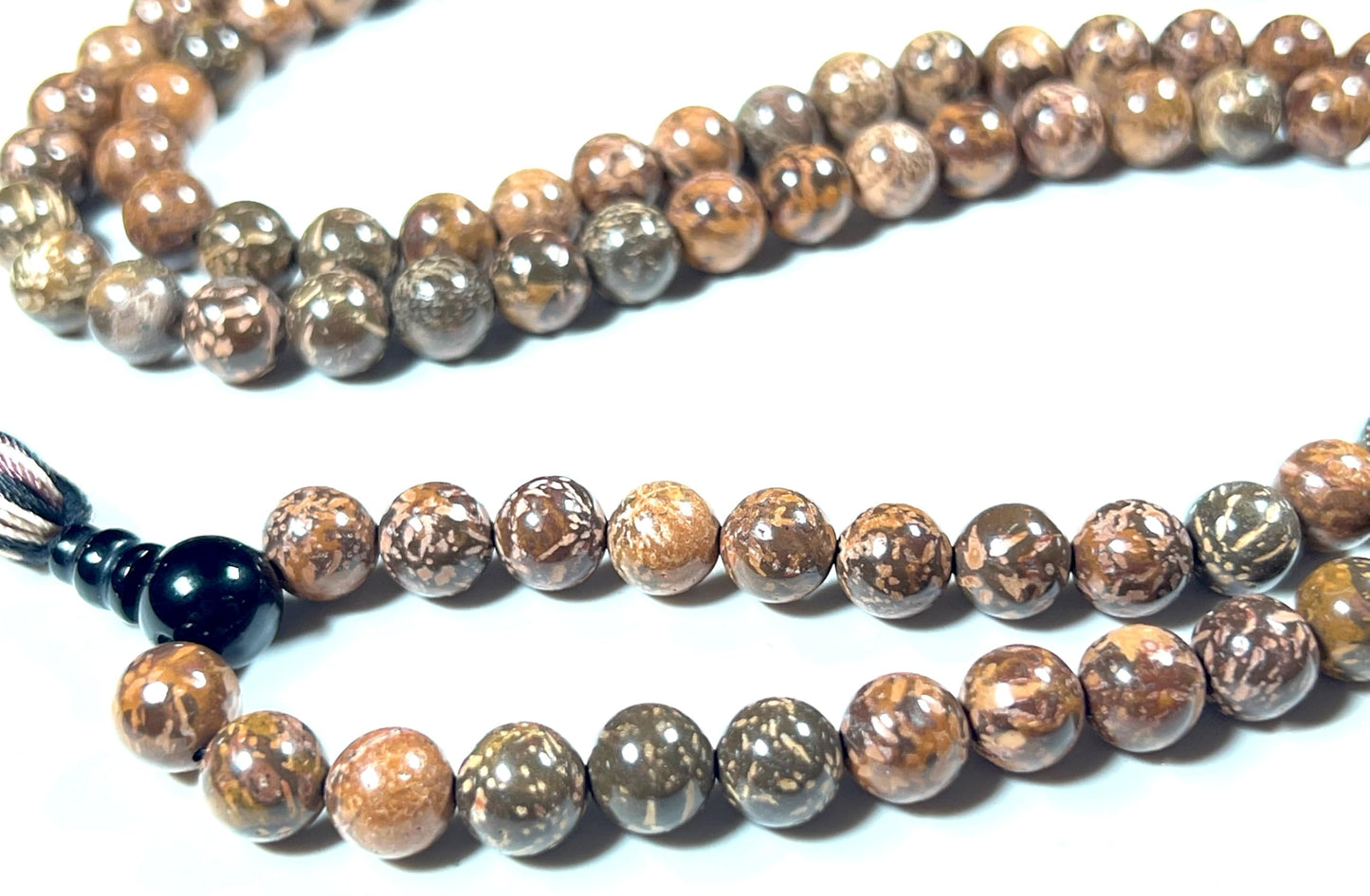 Handmade Natural Coquina Jasper Mala Beads Necklace – 8mm, 108 Beads – Root & Sacral Chakra, Aries & Scorpio Birthstone
