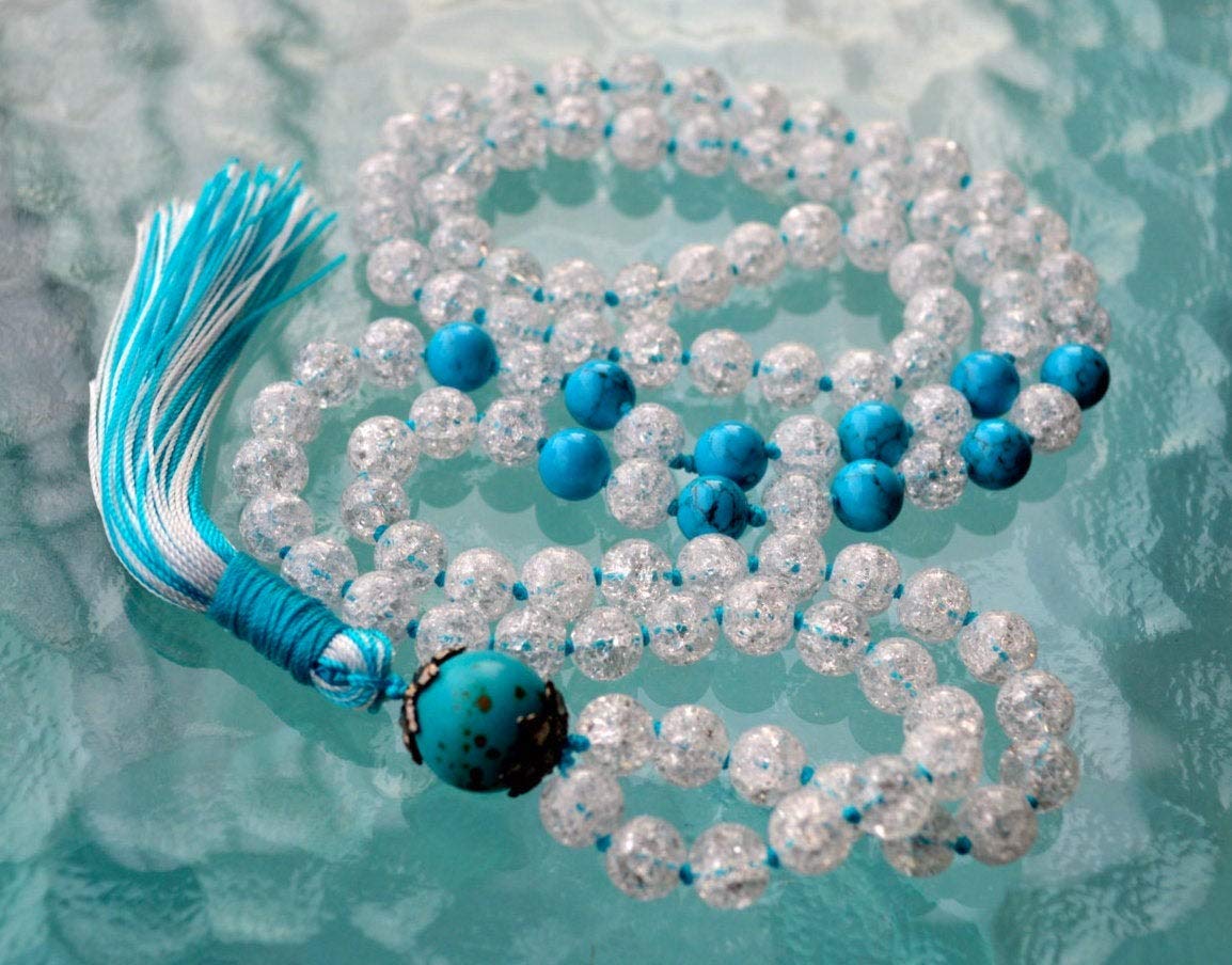 Crackled Quartz & Turquoise Hand-Knotted Mala Necklace  | PRABHA Collection