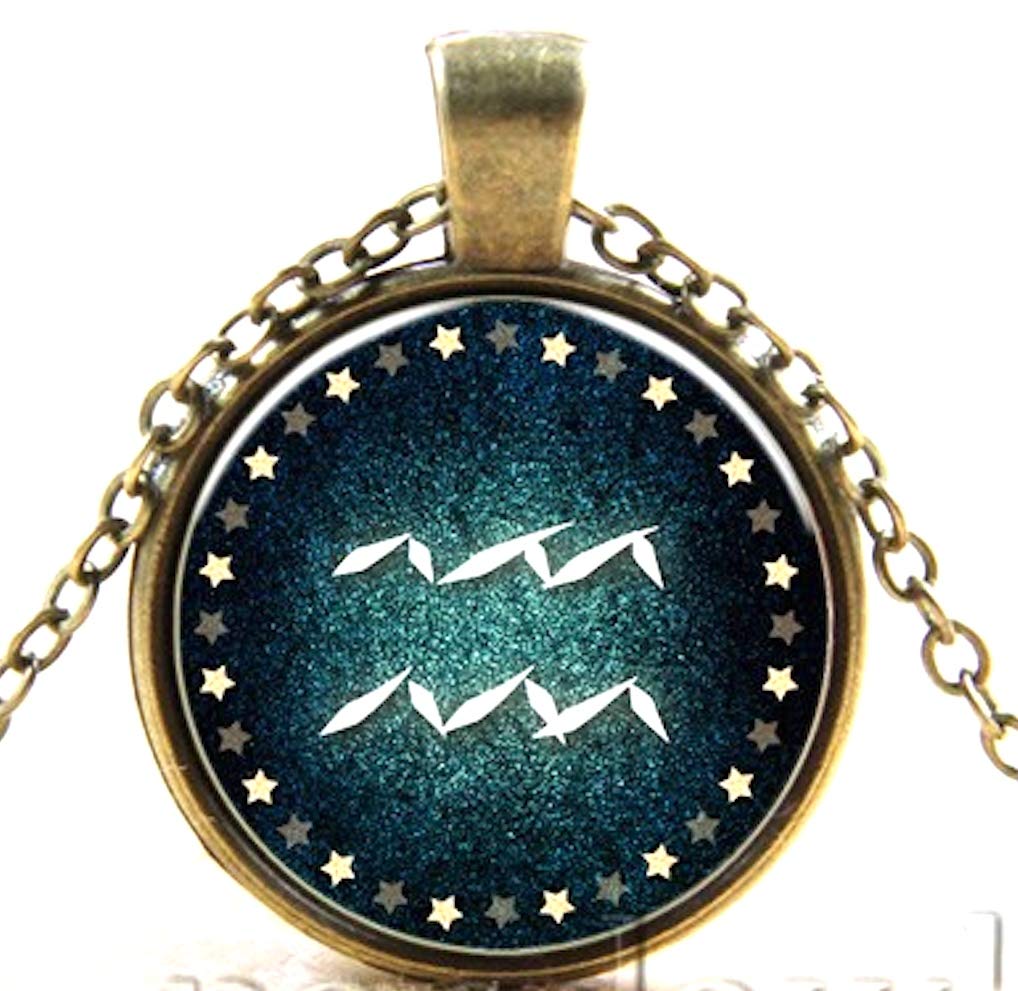 Constellation Zodiac Sign Flat Round Glass Pendant Necklaces, with Alloy Chains, Antique Bronze, 18" (Aquarius)