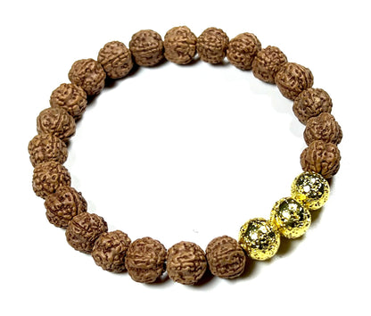 VULCAN Rudraksha & Lava Bracelet | Gold-Plated Stretch | 8mm Beads