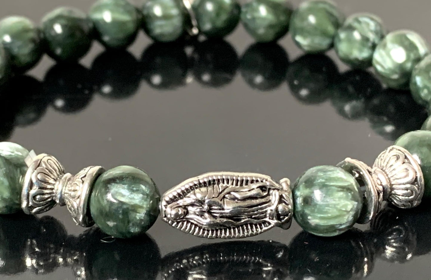 Seraphinite Stretch Bracelet with Choice of Alloy Silver Finish Mother Mary & Holy Cross or Lord Ganesha - Universal Birthstone - Heart & Crown Chakra