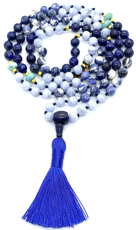 Hand Knotted Oceanic Wisdom Mala Necklace – Lapis Lazuli, Sodalite, Blue Lace Agate & Amazonite | 8mm 108 Beads | September & December Birthstones | Throat & Third Eye Chakras | Ethically Sourced