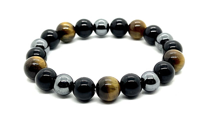 Triple Protection Bracelet - Tiger's Eye Black Tourmaline and Pyrite 10mm Beaded Stretch Bracelet - 7.5 Inches Wrist Size