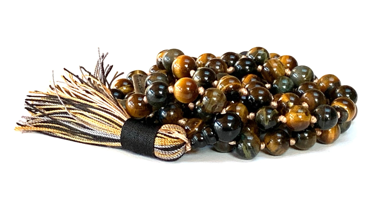 Embrace the Power of Nature with Triple Tiger's Eye Mala Beads Necklace - Gemini & Capricorn Birthstone, Root & Solar Plexus Chakra
