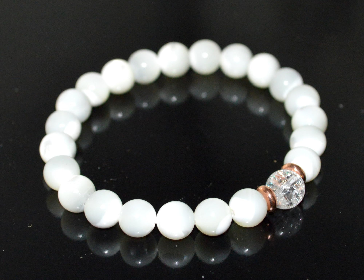 Mother of Pearl & Himalayan Ice Crystal Quartz Bracelet - Gemini & Cancer Birthstone - Heart & Crown Chakra Jewelry