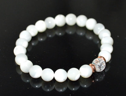 Mother of Pearl & Himalayan Ice Crystal Quartz Bracelet - Gemini & Cancer Birthstone - Heart & Crown Chakra Jewelry