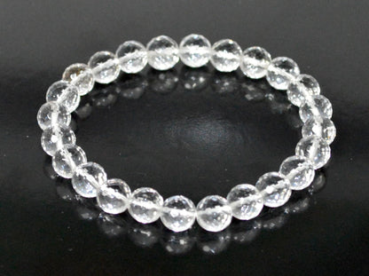 Diamond Cut Crystal Quartz Stretch Bracelet – 6mm & 8mm – April Birthstone for Aries and Taurus Zodiac Sun Sign – Crown Chakra Energy Bracelet