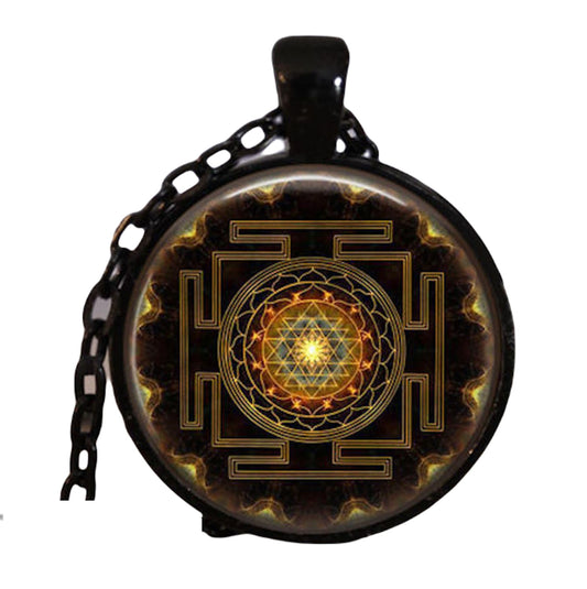 Sri Yantra, Shree Yantram, Kavach Pendant 1" Inch - Sacred Golden polished Hollowed Sri Yantra Pendant Necklace jewelry in High Quality Finish - w/Chain