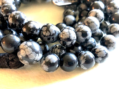 Snowflake Obsidian Mala Beads Necklace, 8mm 108 Mala Beads, Capricorn and Virgo Birthstone Crystal Gemstones