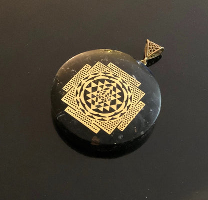 Shungite Sri Yantra Orgone Pendant Necklace, 2 Inch Diameter, Aquarius Gemstone, Root & Crown Chakra - Embrace Harmony: