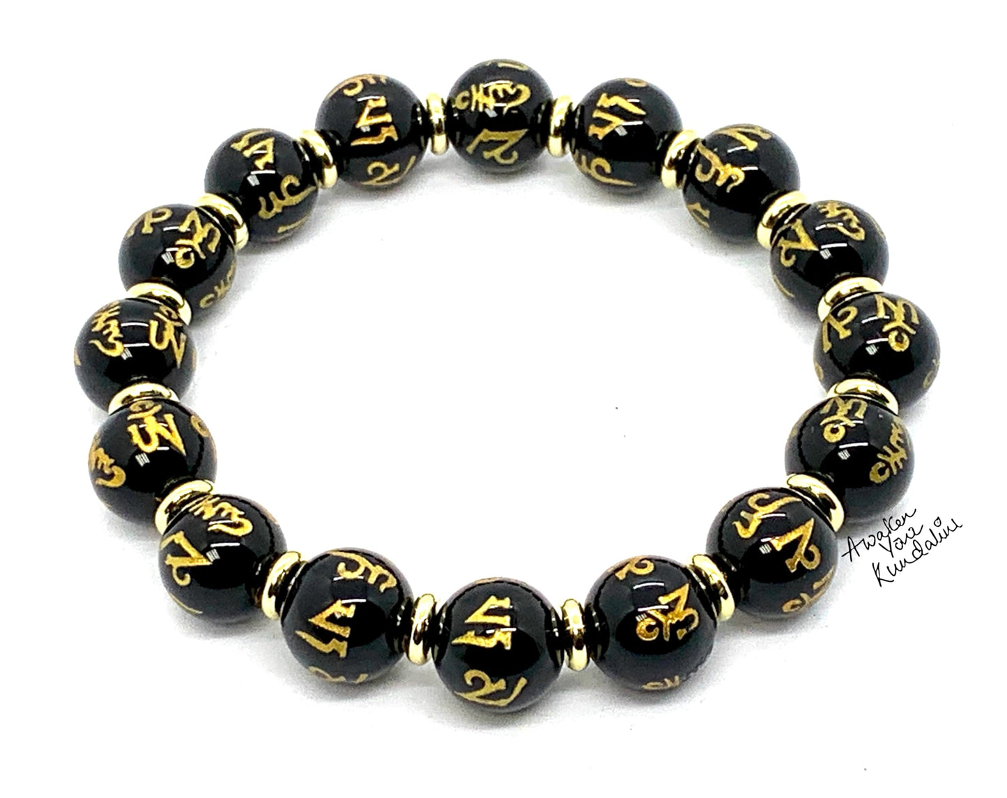 Black Obsidian Buddhist Prayer Beads Stretch Bracelet - Om Mani Padme Hum Mantra Etched Beads - Scorpio Birthstones for October-November - Root Chakra