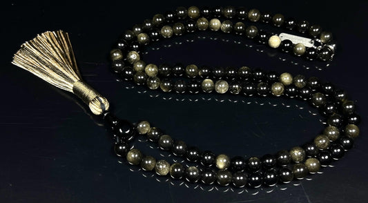 Golden Sheen Obsidian Mala Necklace - 8mm 108 Beads - Scorpio & Sagittarius Birthstone for October November December - Root & Solar Plexus Chakra