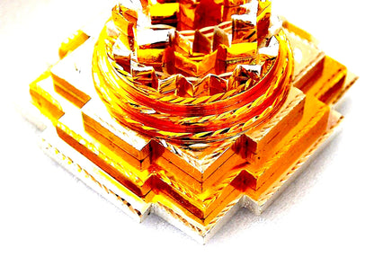 Sri Shree Meru Yantra, Sri Chakra in Brass Size 3" Inch - Spiritual Powers, Vaastu Dosh, Prosperity - 3D - 2 Tone