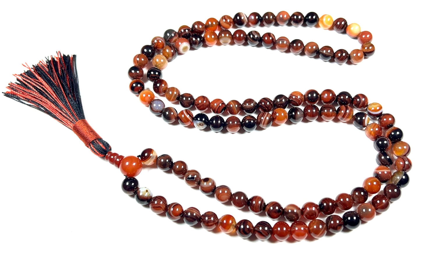 Handmade Red Striped Agate Mala Beads Necklace – 8mm, 108 Beads – Root Chakra, Aries & Scorpio Birthstone