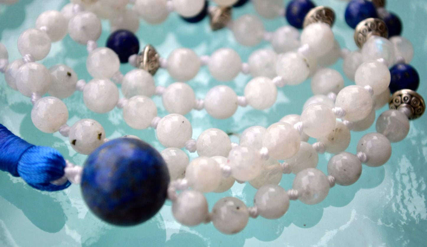 Awaken Your Kundalini 6 mm, 8 mm, AAA Grade Moonstone Mala Beads Necklace, (Knotted Moonstone & Lapis Lazuli, Moonstone bead ; 6 mm)