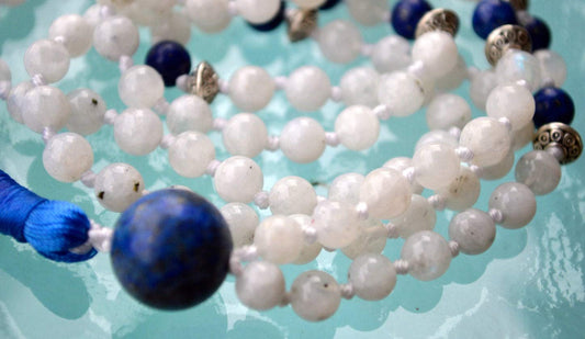 Awaken Your Kundalini 6 mm, 8 mm, AAA Grade Moonstone Mala Beads Necklace, (Knotted Moonstone & Lapis Lazuli, Moonstone bead ; 6 mm)