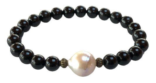 VESTA Black Tourmaline & 14MM Natural Pearl Bracelet | Grounding, Elegance & Protection | Root Chakra Energy | Handmade in USA