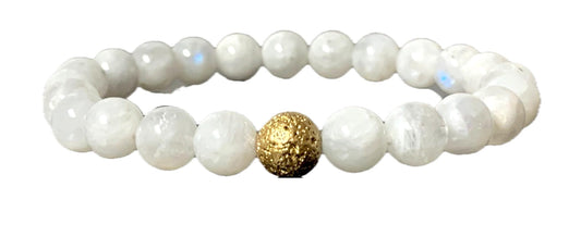 Moonstone And Lava Stretch Bracelet - Cancer Birthstone - Sacral & Crown Chakra Jewelry