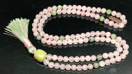 Handmade Blossoming Heart Mala – Rose Quartz & Prehnite Beads | 8mm 108 Beads | September & October Birthstones | Ethically Sourced