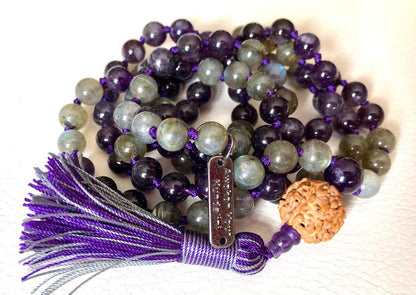 Amethyst & Labradorite Mala Necklace with Rudraksha | SOMA Collection