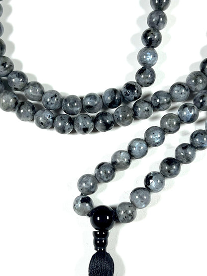 Handmade Larvikite Mala Beads Necklace | Iridescent Blue & Silver Flashes | 8mm 108 Beads | Hand-Knotted Nordic Protection Stone | Birthstone & Root Chakra Energy
