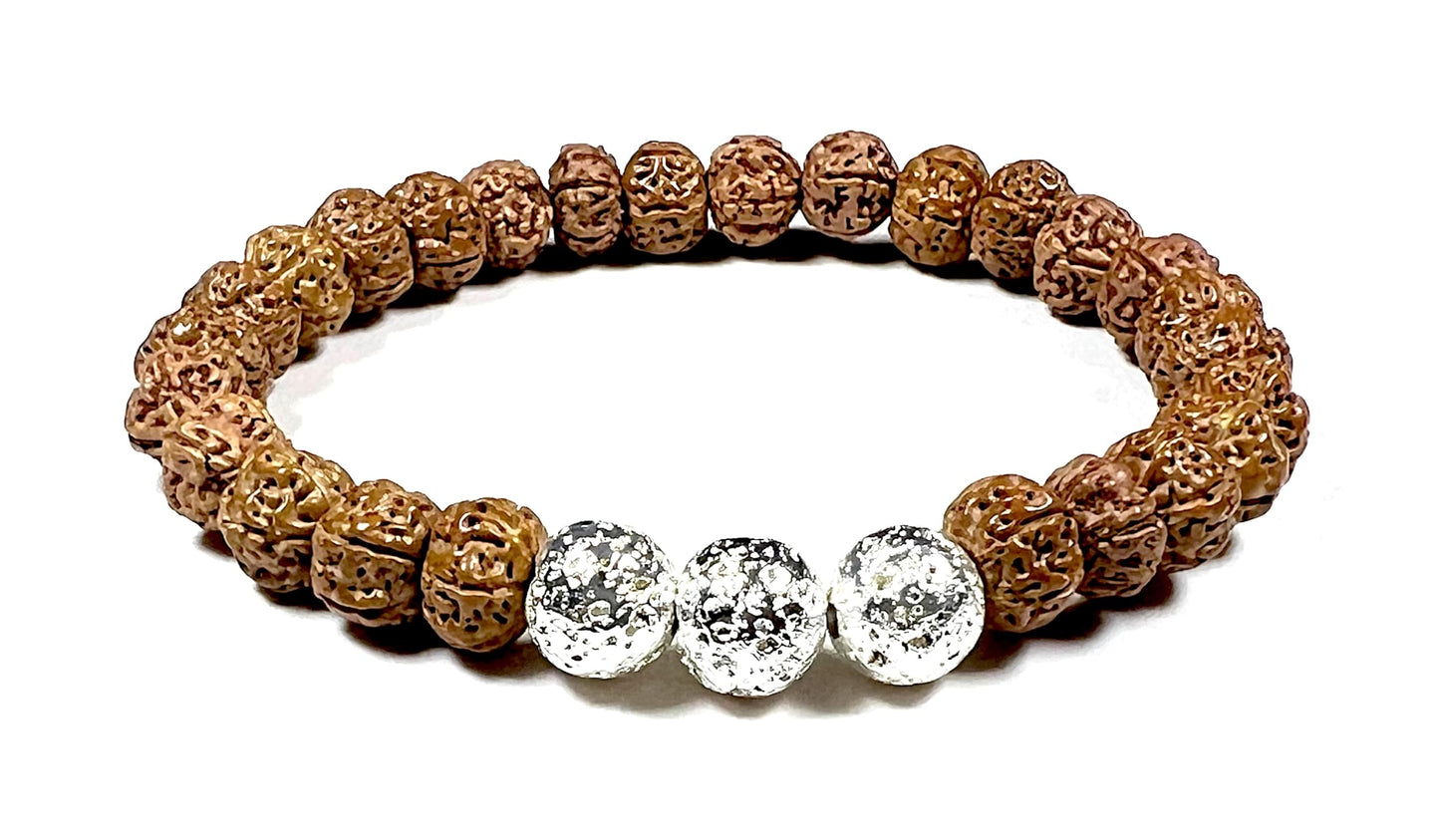 VULCAN Rudraksha & Silver-Plated Lava Bracelet | 8mm Stretch Design