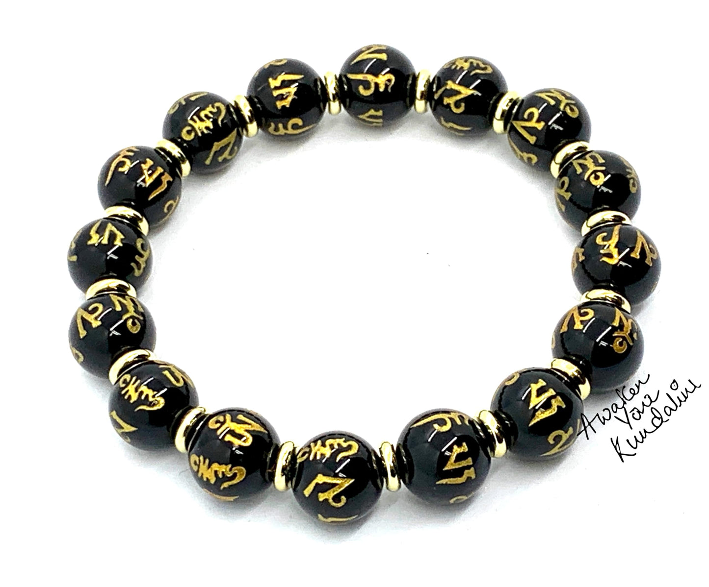 Black Obsidian Buddhist Prayer Beads Stretch Bracelet - Om Mani Padme Hum Mantra Etched Beads - Scorpio Birthstones for October-November - Root Chakra