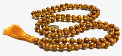 Awaken Your Kundalini Tulsi mala beads necklace hand knotted mala holy basil beads 8 mm 108 Buddhist prayer beads 7 Chakra mala colors - w/Velvet mala pouch (THIRD SOLAR CHAKRA)
