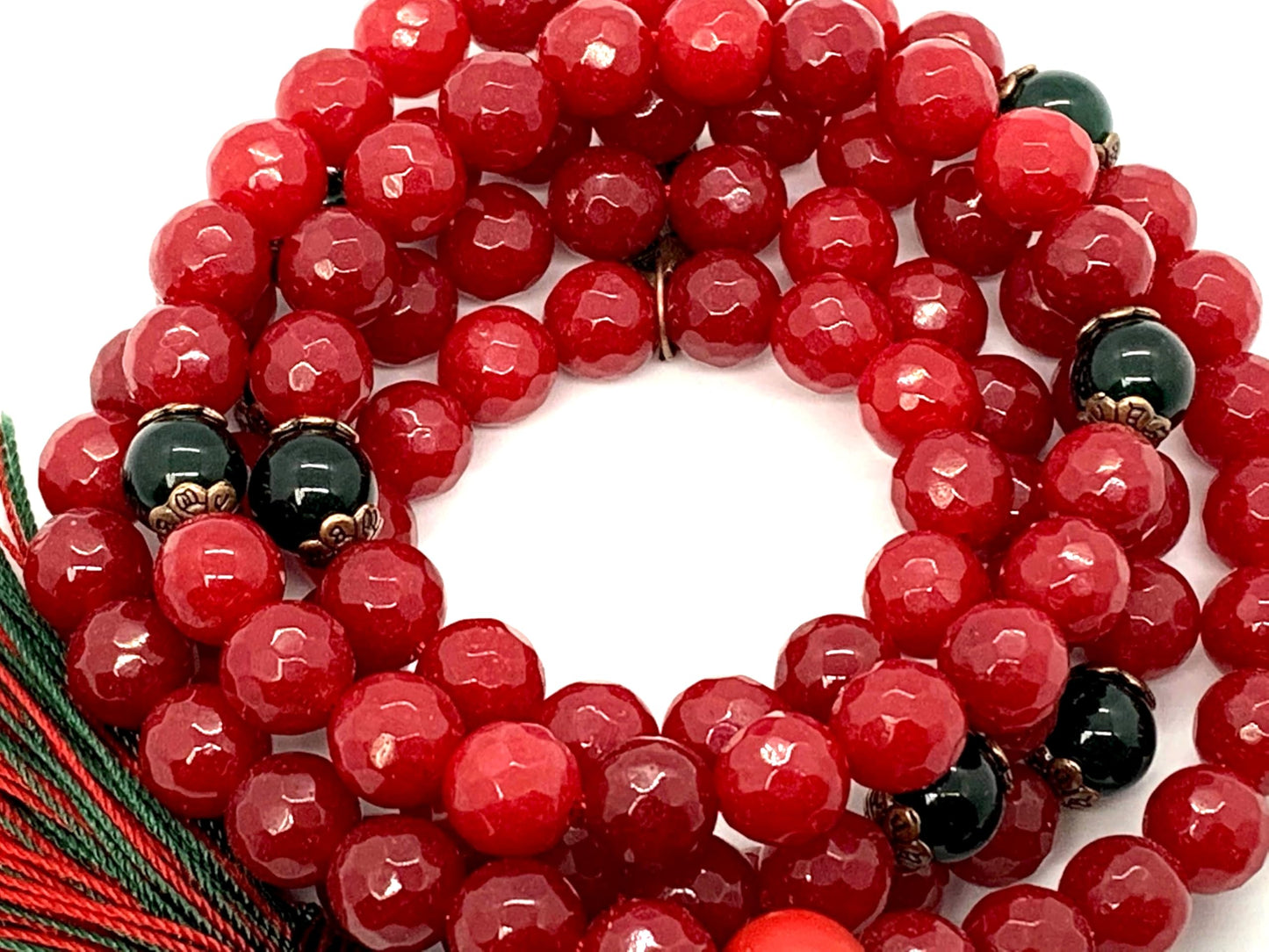 Faceted Red Agate and Green Agate Mala Necklace | 8mm, 108 Beads | August & May Birthstones, Leo & Taurus Zodiac, Heart & Root Chakras