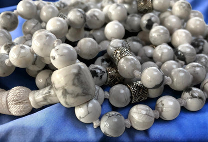 Hand Knotted White Howlite Mala Necklace (8mm 108 Beads, Zinc Alloy Spacers) - Gemini Birthstone, Zodiac Sign, and Throat Chakra