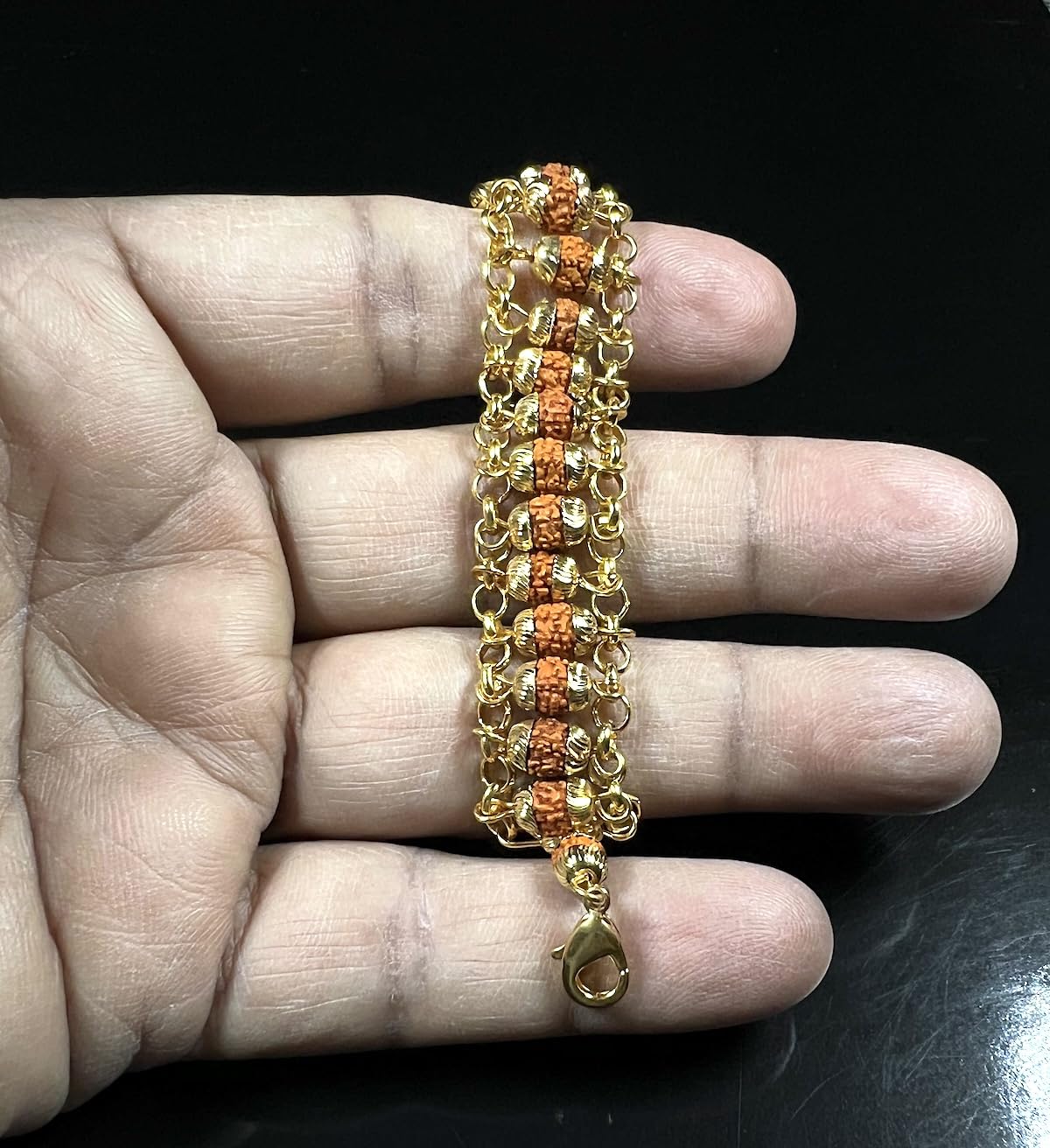 AWAKEN YOUR KUNDALINI 6mm Rudraksha Bracelet in Golden Finish Alloy Chain, Crown Chakra, Universal Zodiac Sun Sign, Wrist Size 7.5 Inches