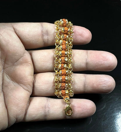 AWAKEN YOUR KUNDALINI 6mm Rudraksha Bracelet in Golden Finish Alloy Chain, Crown Chakra, Universal Zodiac Sun Sign, Wrist Size 7.5 Inches