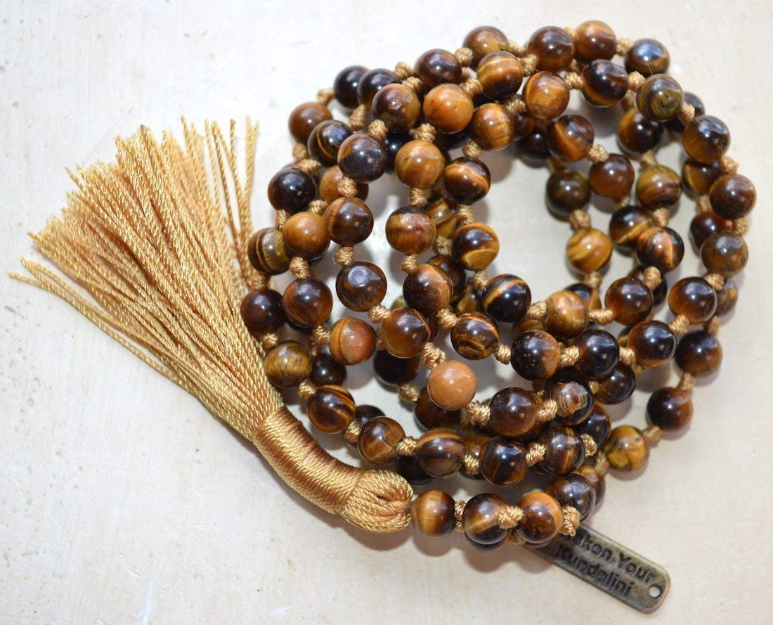 Hand Knotted Tiger's eye Tigereye Tiger eye mala beads necklace 108+1 Buddhist prayer beads Energized AAA Grade meditation beads - w/Velvet or 100% Jute pouch (GOLDEN BEIGE, Bead size 6 mm)