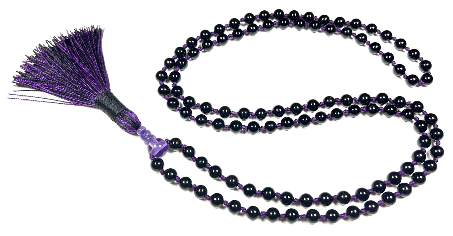 VESTA Black Tourmaline Mala Necklace | 108 Hand-Knotted Beads for Grounding, EMF Protection & Root Chakra Healing | Capricorn Birthstone | Handmade in USA