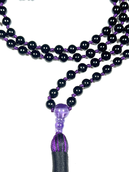 VESTA Black Tourmaline Mala Necklace | 108 Hand-Knotted Beads for Grounding, EMF Protection & Root Chakra Healing | Capricorn Birthstone | Handmade in USA