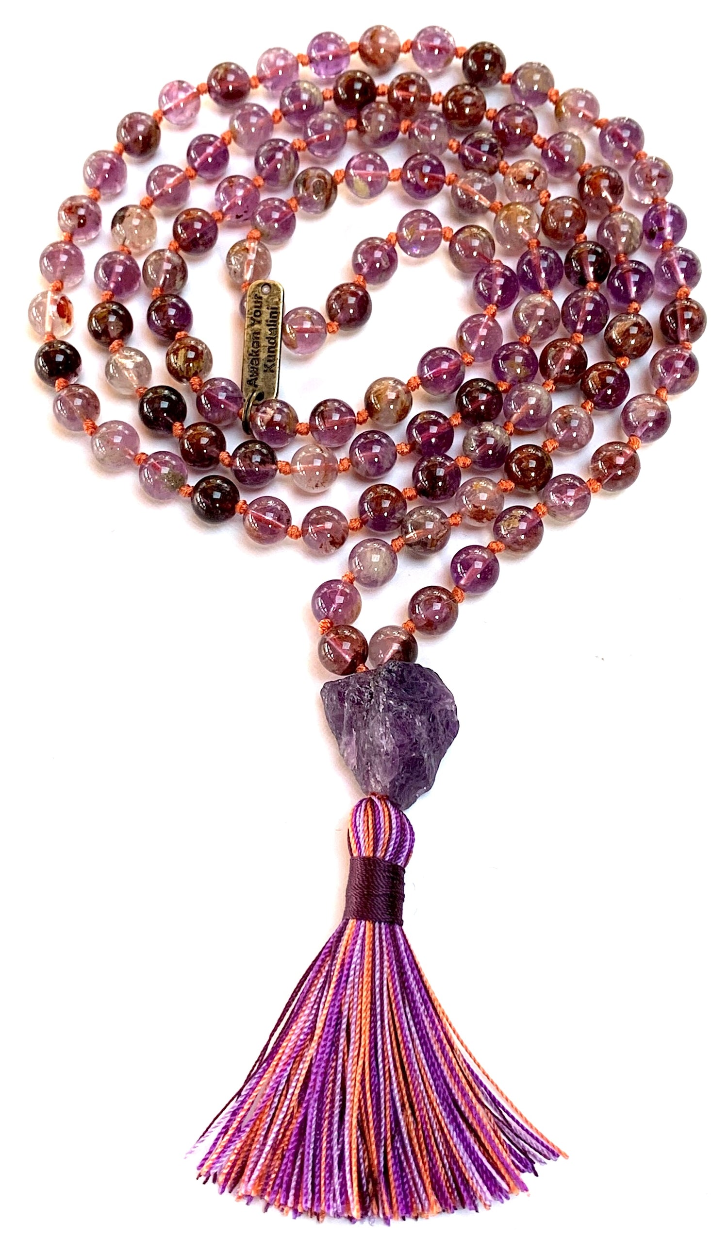 Celestial Ascension Mala Necklace with Cacoxenite and Amethyst beads displayed on white background by AYK