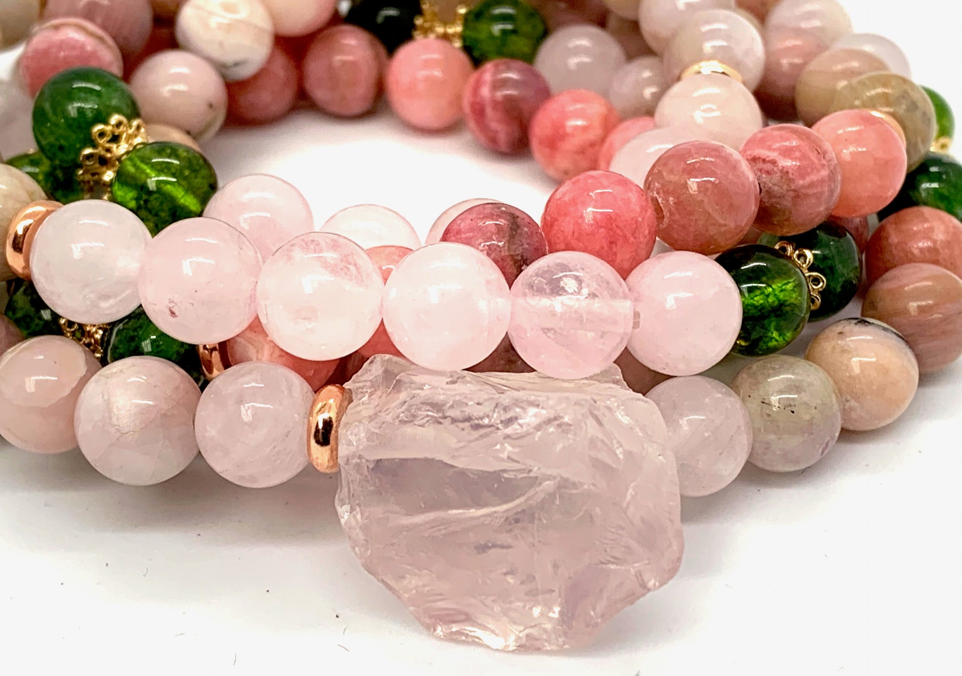 Hand-knotted 108 bead Self Love Mala necklace for heart chakra healing and self-compassion

