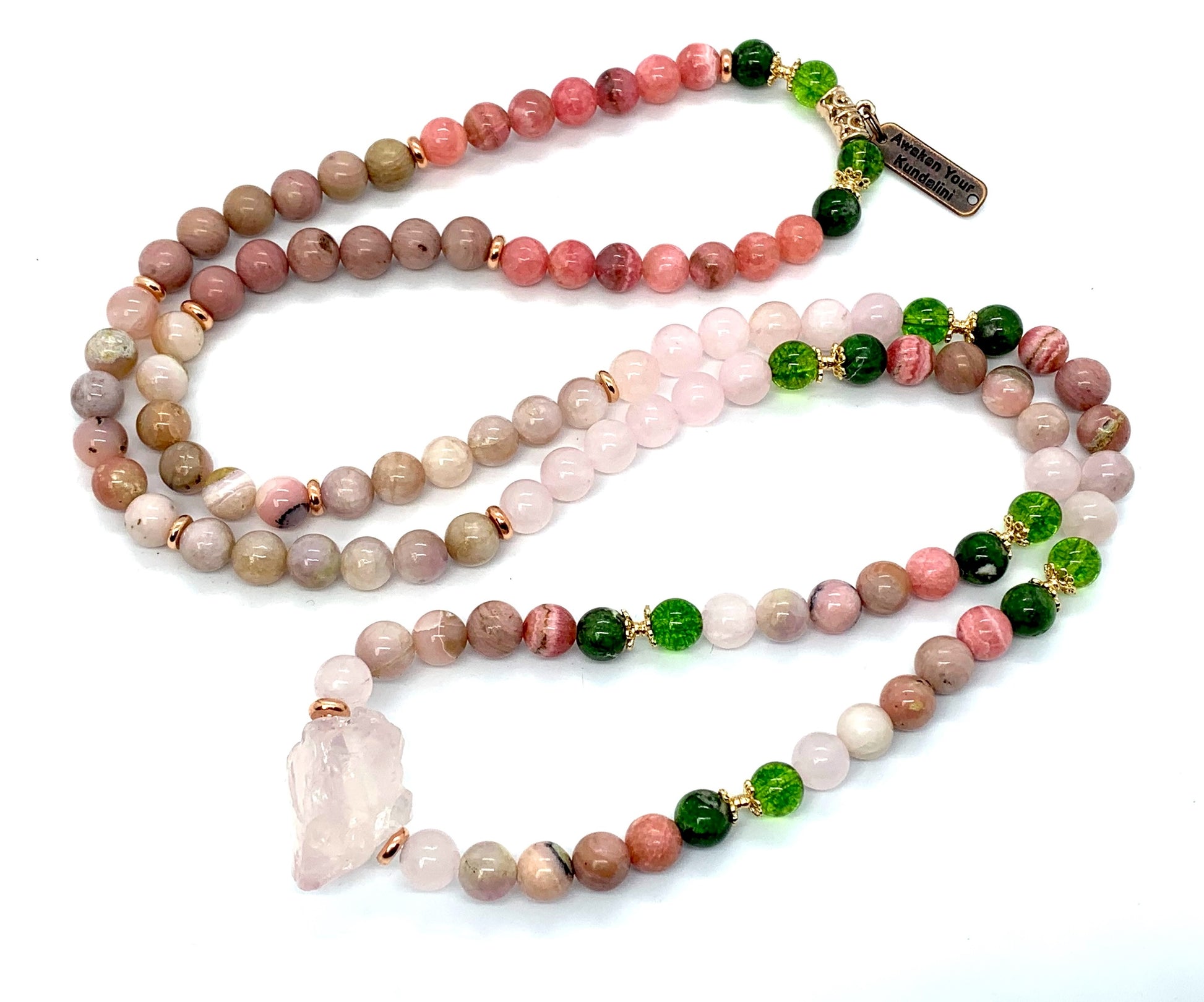 Self Love Mala Necklace Heart Chakra Healing AMARA Collection by AYK with rose quartz and pink gemstones