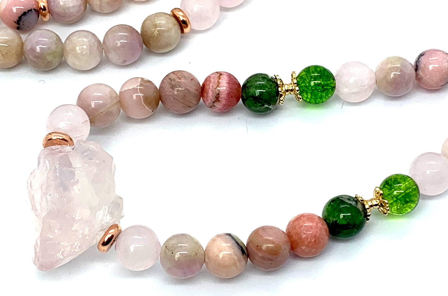 Self Love Mala Necklace with rhodochrosite, kunzite and pink opal for emotional healing