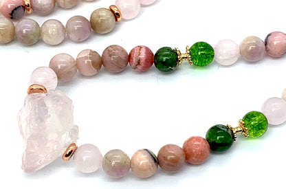 Self Love Mala Necklace with rhodochrosite, kunzite and pink opal for emotional healing