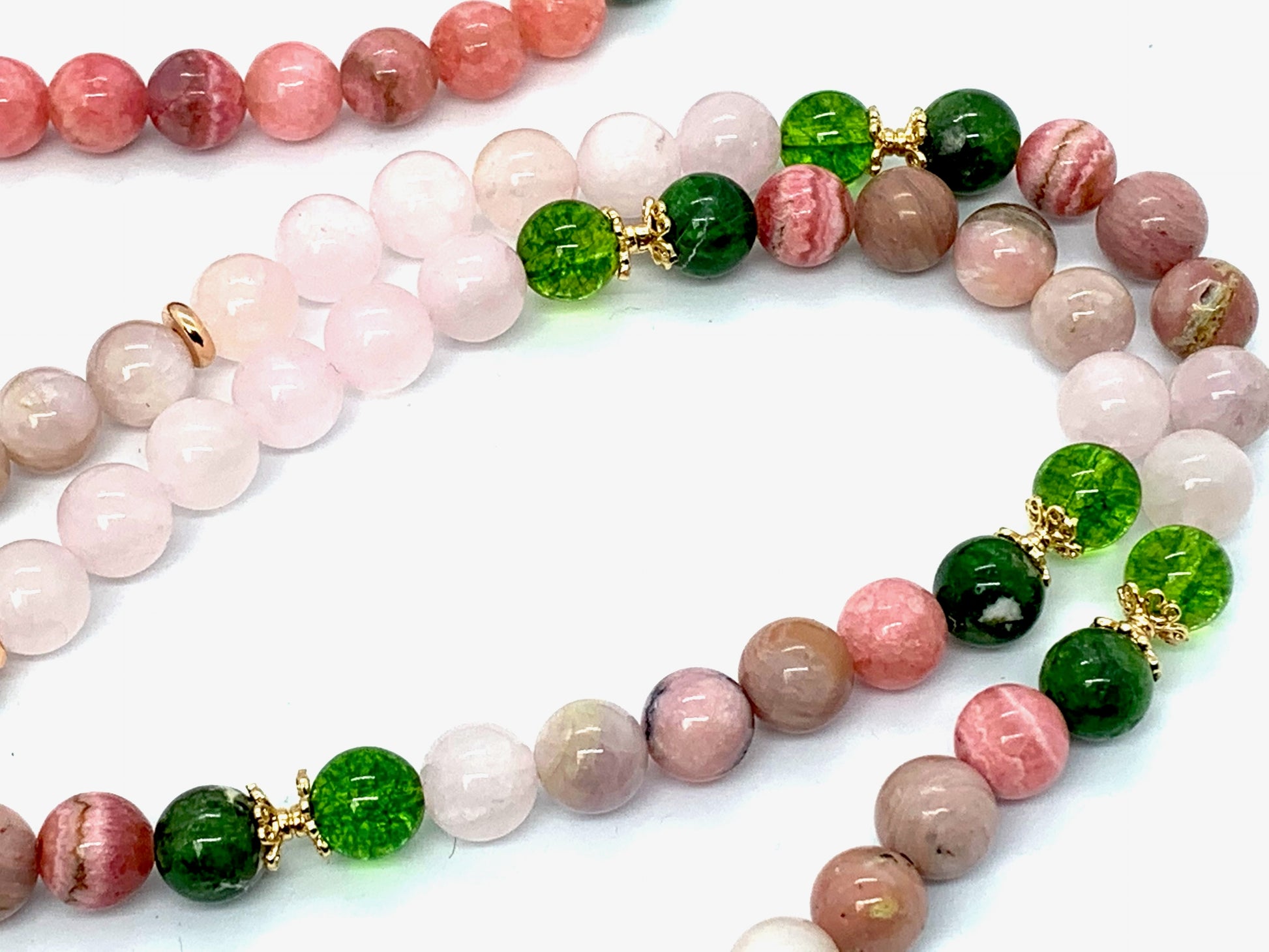 Complete view of 108 bead Self Love Mala for meditation and heart chakra balancing