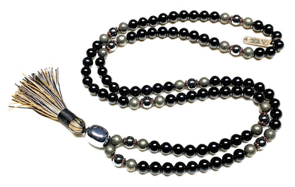Tourmaline Terahertz Pyrite Hematite Mala Necklace 8mm 108 beads VESTA Collection by AYK