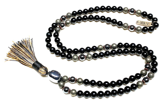 Tourmaline Terahertz Pyrite Hematite Mala Necklace 8mm 108 beads VESTA Collection by AYK