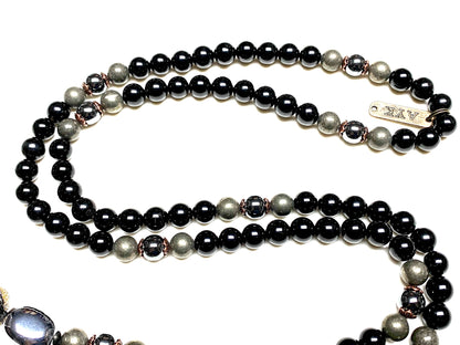 VESTA Collection Tourmaline Terahertz Pyrite Hematite mala worn as spiritual jewelry